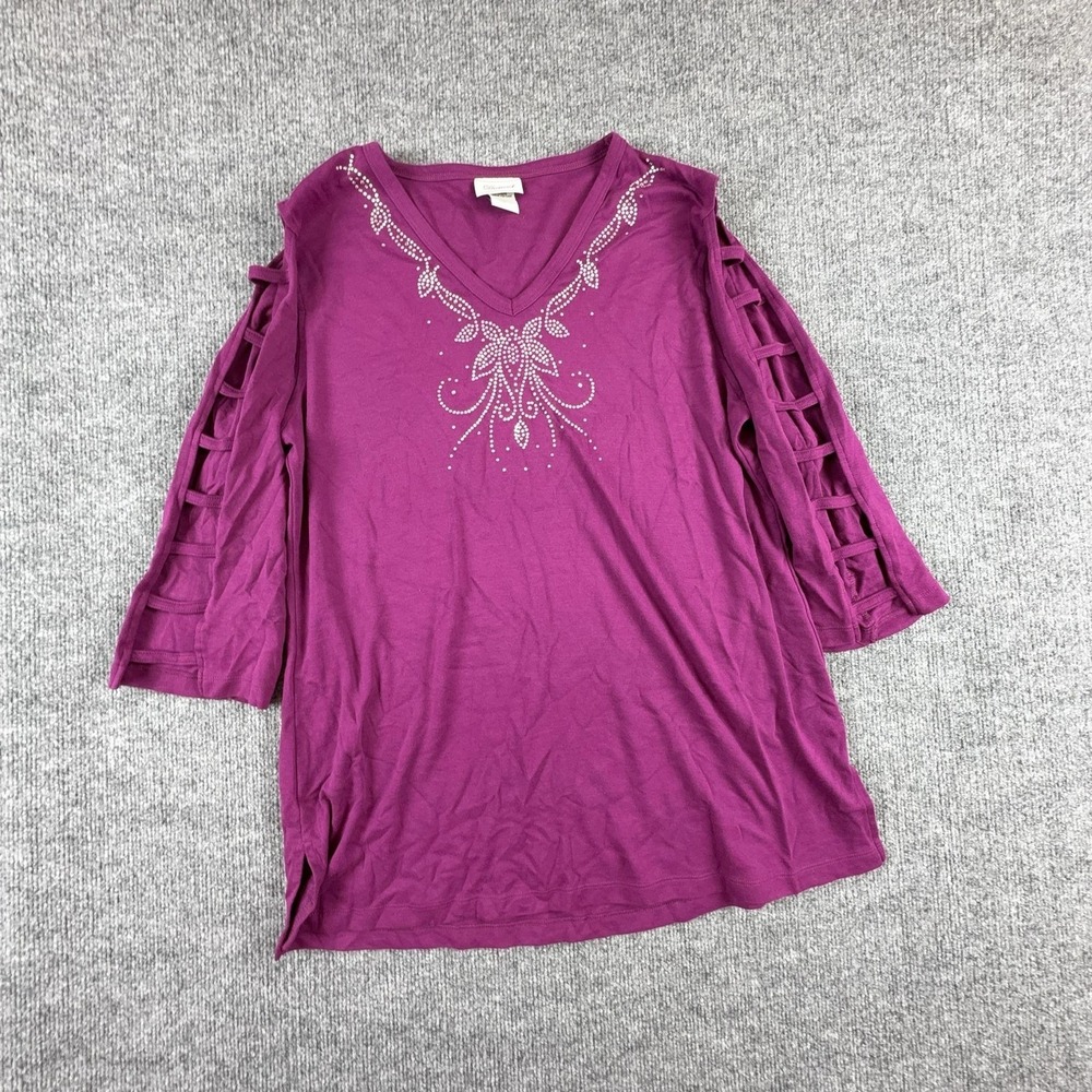Distinct Shirt Womens Large Purple Rhinestone V Neck Strappy 3/4 Sleeve Top